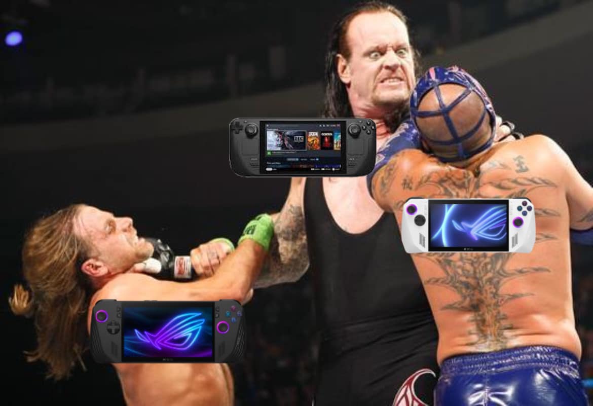 This meme is a still image from a wrestling match between The Undertaker and The Rock, with the two wrestlers in a intense pose. The image is overlaid with several images of handheld game consoles, including the Steam Deck, Nintendo Switch, and PlayStation Vita, as if they are being used by the wrestlers as weapons in the match. The text "I'M NOT THE ONE WHO'S GONNA GET PUNCHED" appears in a bold, playful font across the top of the image.